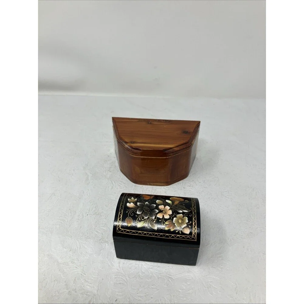 2 Wood Treasure Trinket Box Hinged Lid (Hand Painted Floral Black & Brown Cedar)